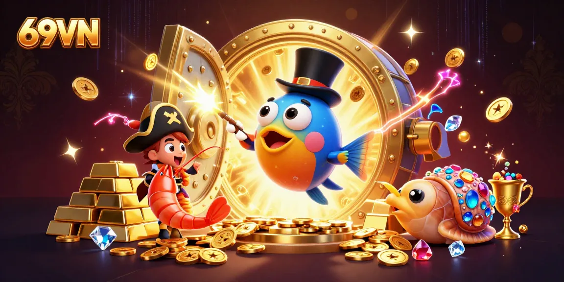 Engage with 69VN's thrilling underwater casino adventure featuring vibrant characters and treasure.