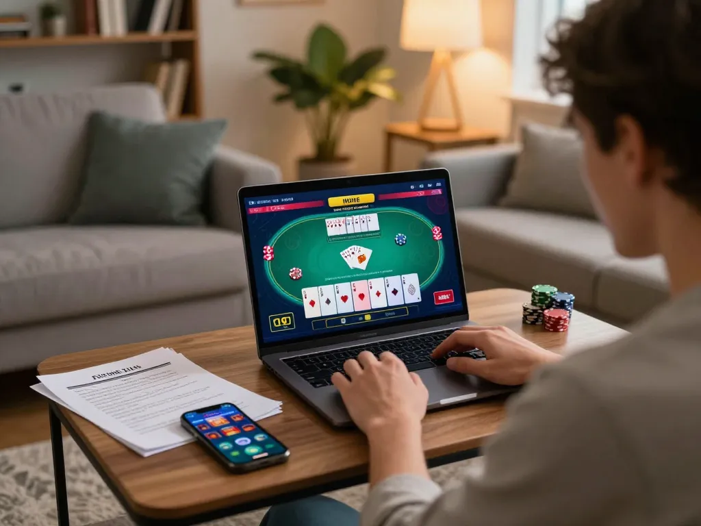va88 player enjoying an online poker game from home with betting notes visible.