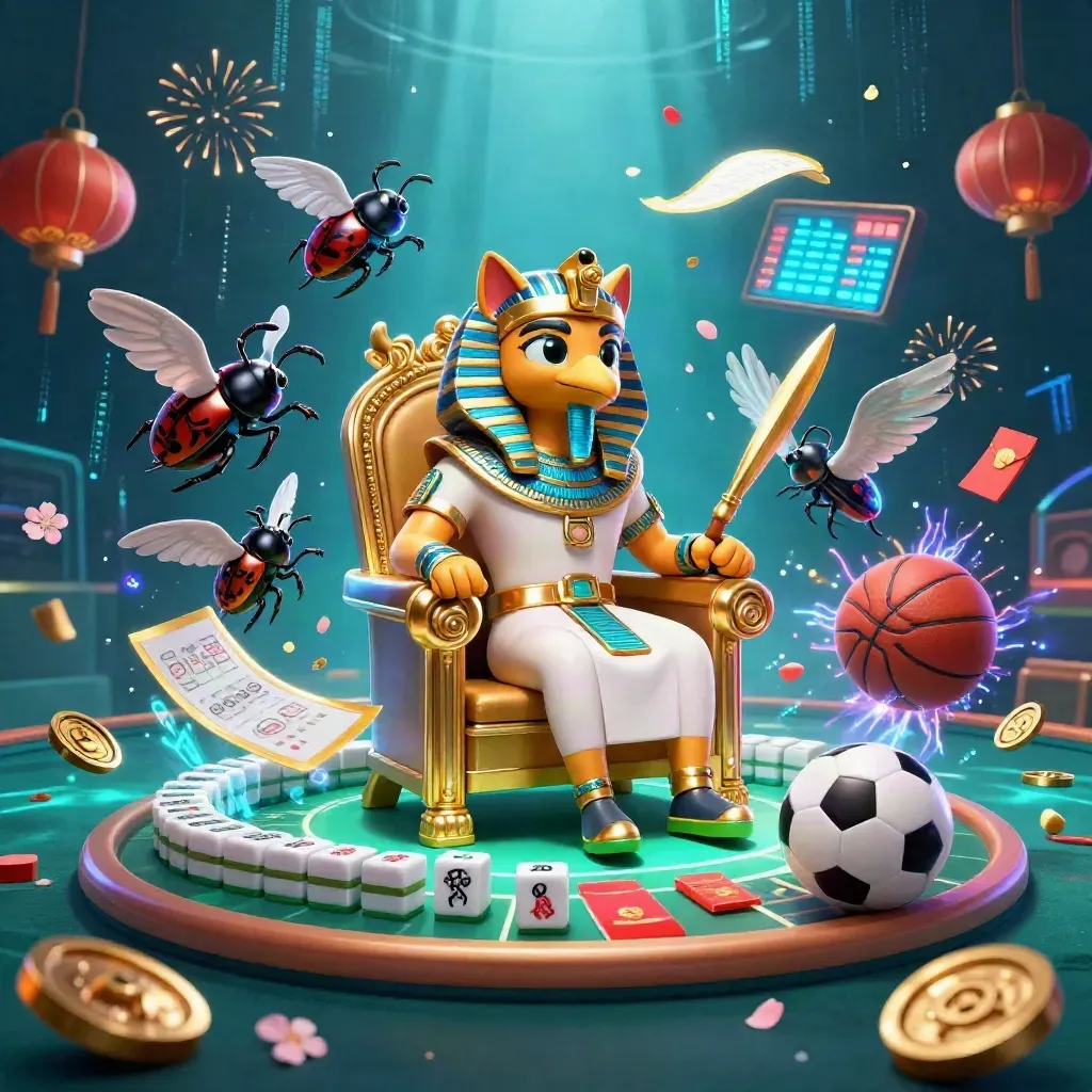 Pharaohkatt på tron med ibis, skarabéer och sportprylar i neonblå casinostil