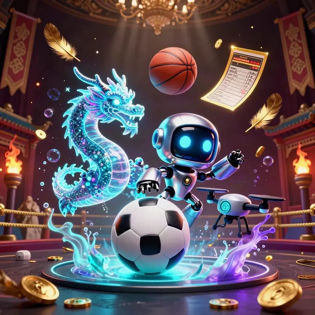 Robot, hologramdrake och drönare i neon med bollar, mynt och guld i mörk casinoarena.