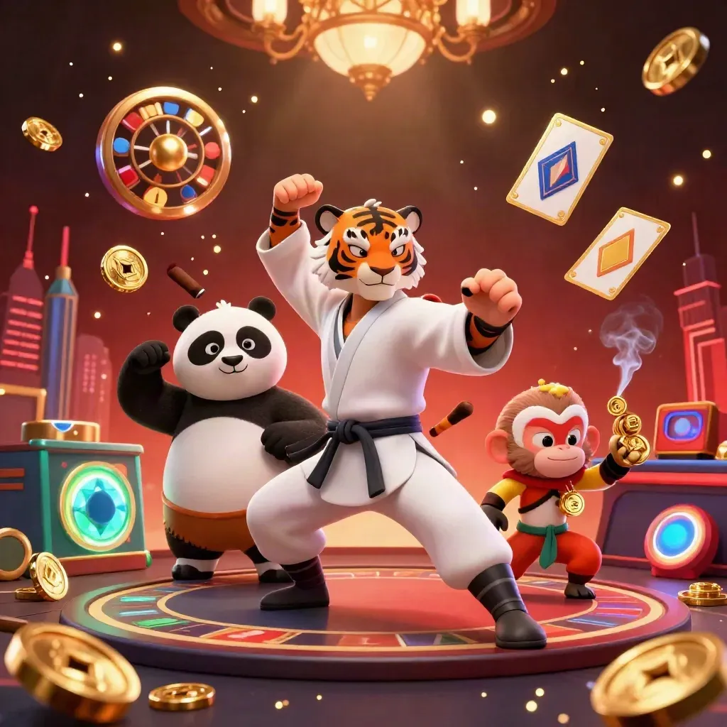 Tiger, panda och apa i ett lyxigt kasino med gyllene mynt, roulette och neonljus.