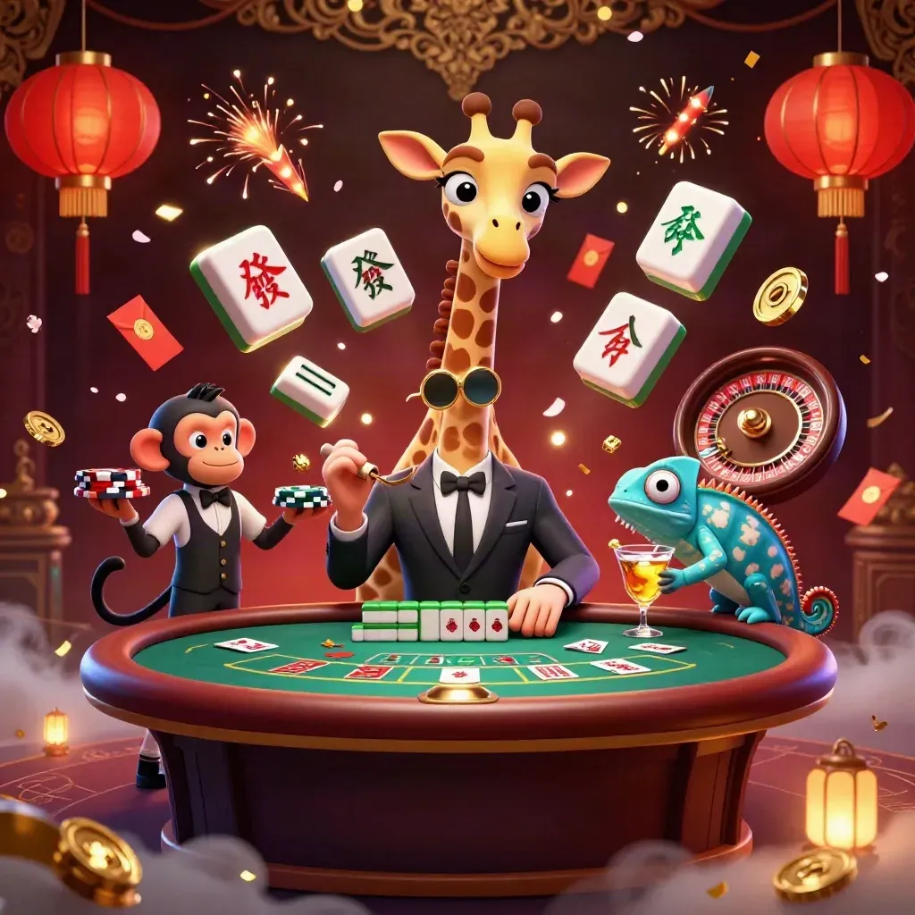 Giraff, apa och kameleont i lyxigt casino med mahjong, lyktor och neonljus.