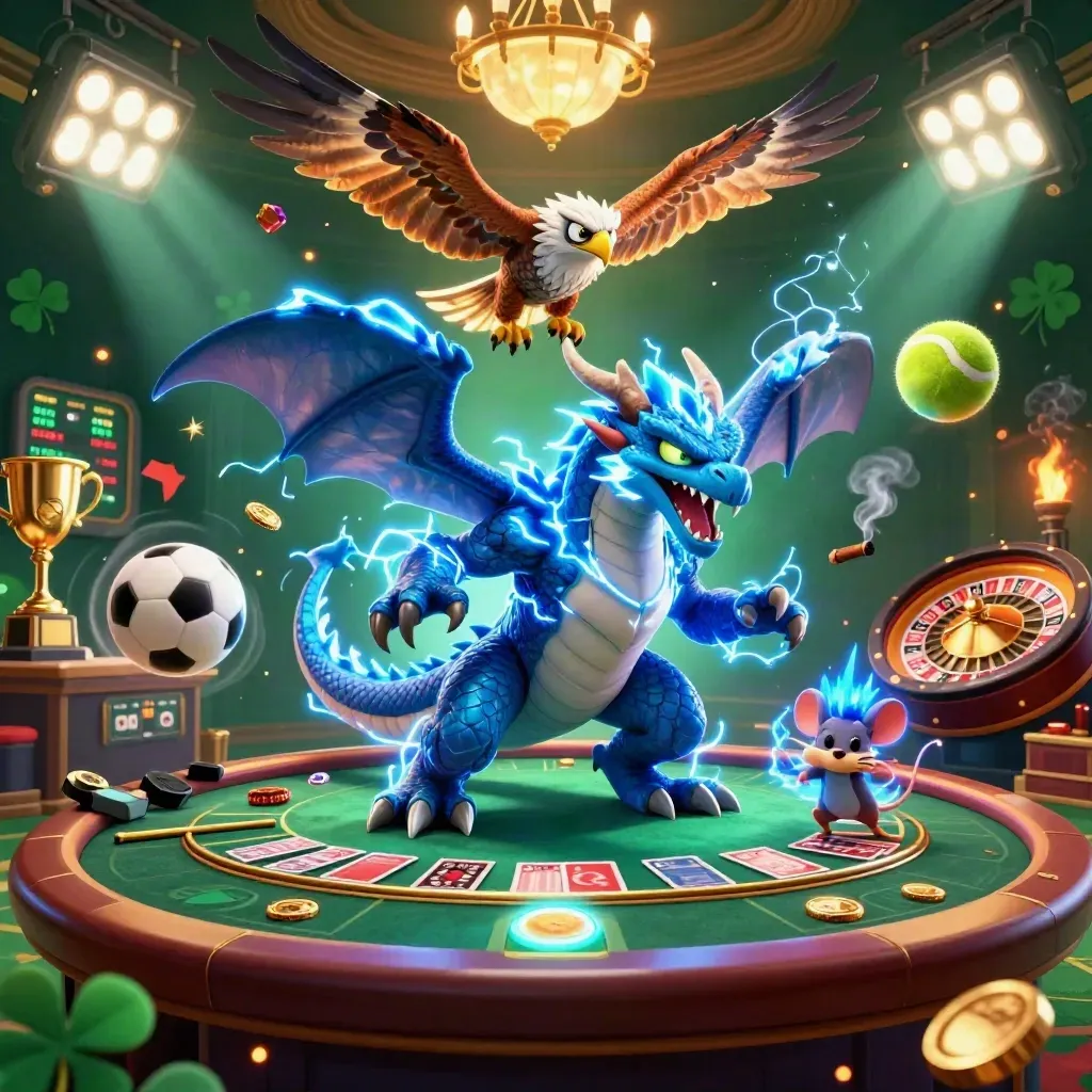 Tordrake, vindhök och blixtmus i ett lyxigt neoncasino med pokal och mynt.