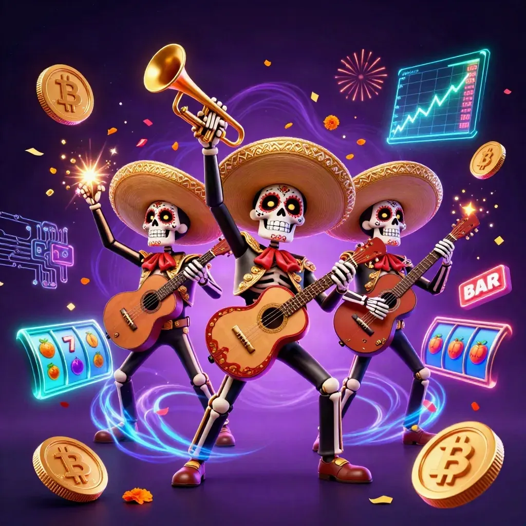 Tre skelettmariachi dansar med mynt, kryptoljus och magisk neon mot lila bakgrund.