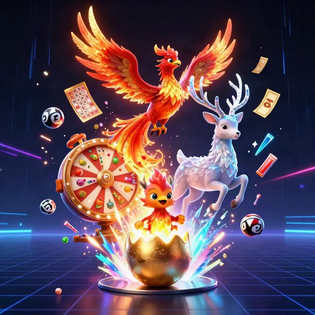 Tre fantasidjur i neoncasino: eldphoenix, unge i ägg och kristallhjort bland guldmynt