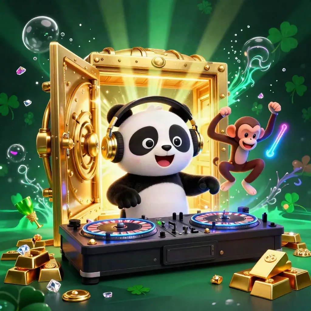 Panda-DJ, breakdansande apa och lysande katt runt ett gyllene skattvalv i neon.