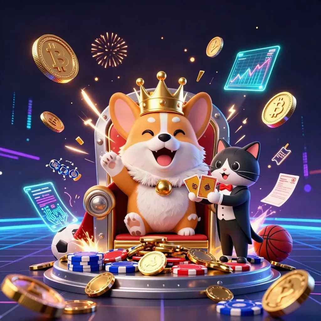 3D-corgi på pokerspjälstol med kattbutler, krypto, guldmynt, neon och fyrverkerier.