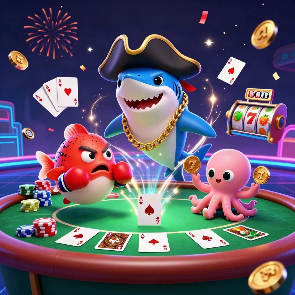 Pirat-shark, röd fisk och babybläckfisk bland pokerchip och neoncasino.