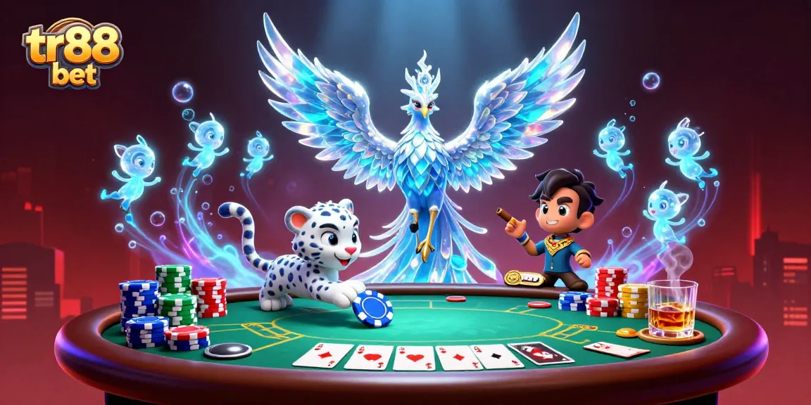 Experience thrilling gameplay with tr88 bet featuring an ice phoenix and poker elements in 3D art.