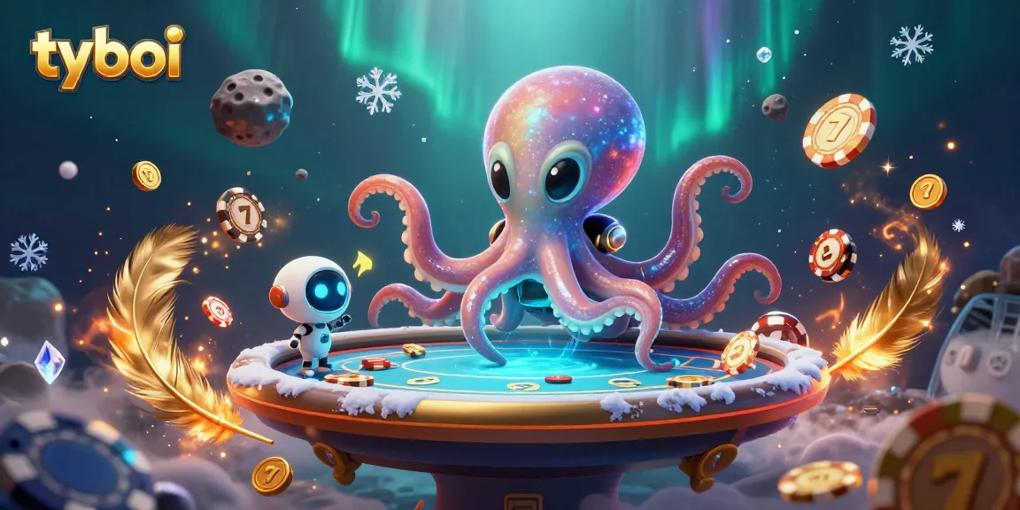 Experience thrilling gaming action with tyboi, as a cartoon alien octopus engages at a holographic poker table.