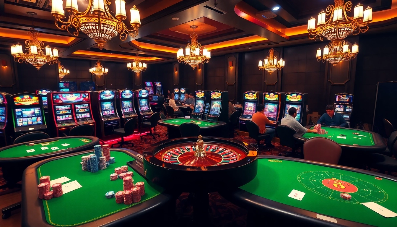 Players enjoying vibrant casino games at 98WIN, showcasing excitement and engagement in a luxurious setting.