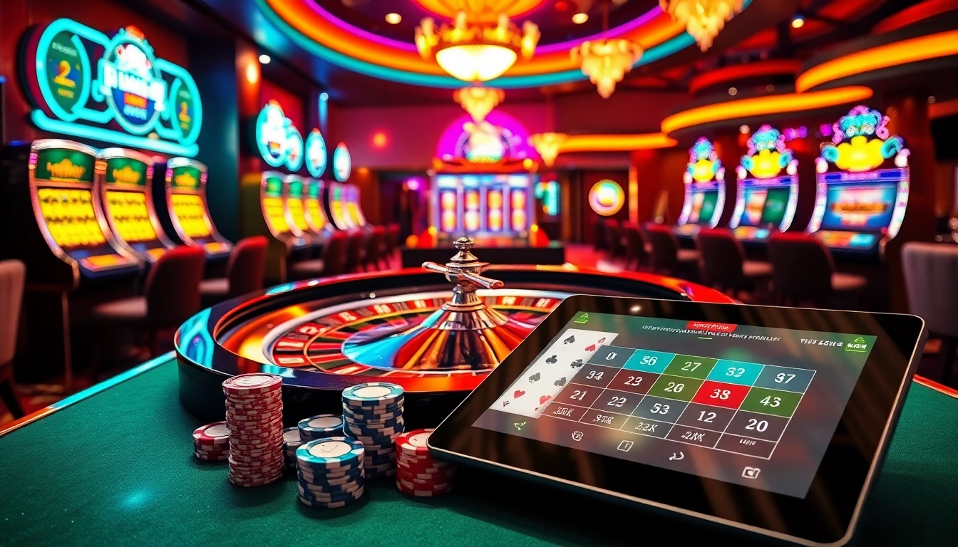 Experience the thrilling ambiance of https://lode88.network/ with vibrant casino visuals featuring roulette tables and stacked poker chips.