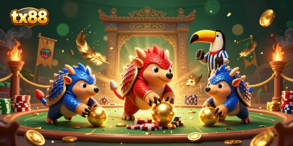 Experience the thrilling fun of tx88 with pangolins bowling through poker stacks in this vibrant casino scene.