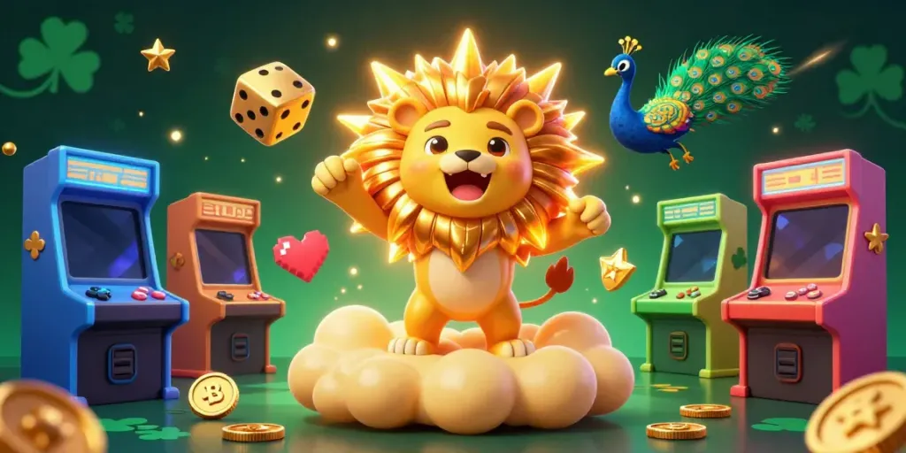 Engage with NK88's vibrant gaming scene featuring a roaring lion and golden dice in a colorful casino universe.