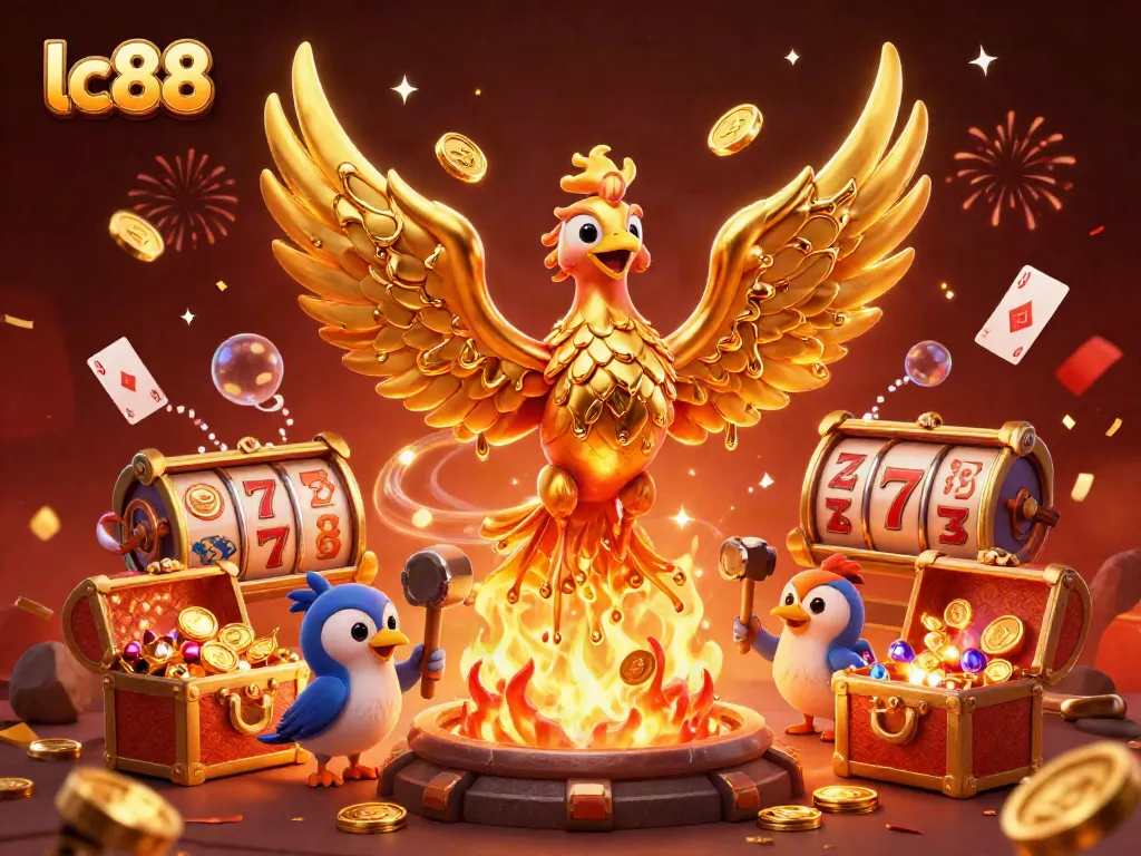 Experience the thrill of lc88 as a golden phoenix rises from a molten forge, surrounded by casino treasures.