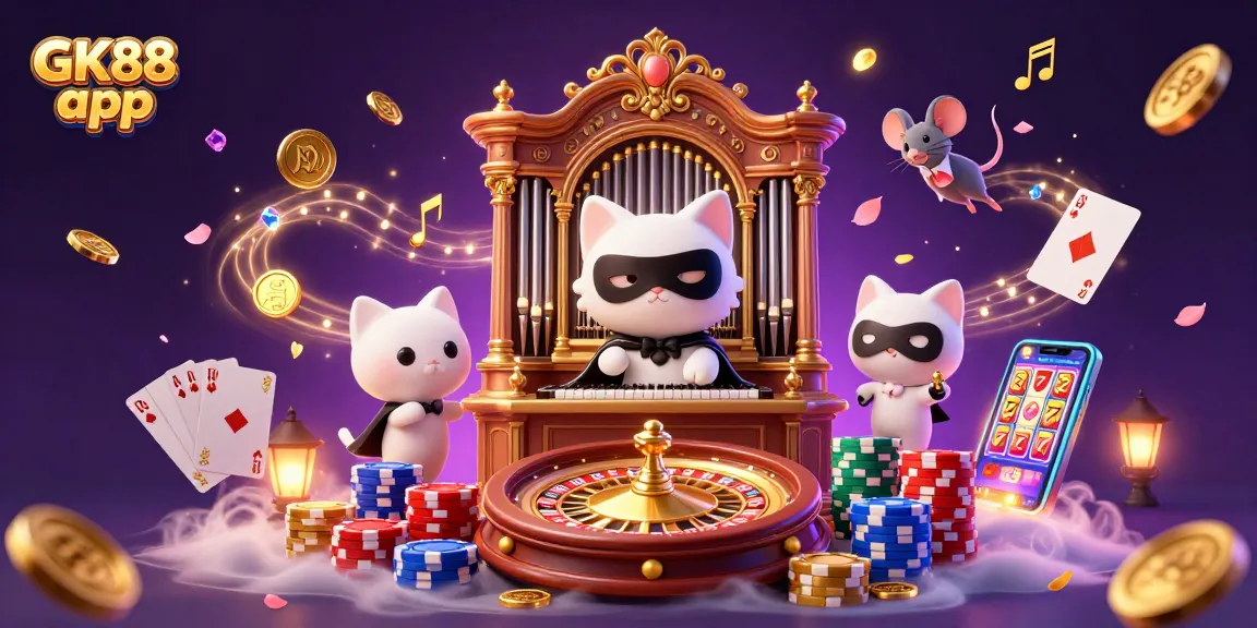 Engage with the GK88 app at a vibrant casino with dynamic characters and sparkling gaming elements.