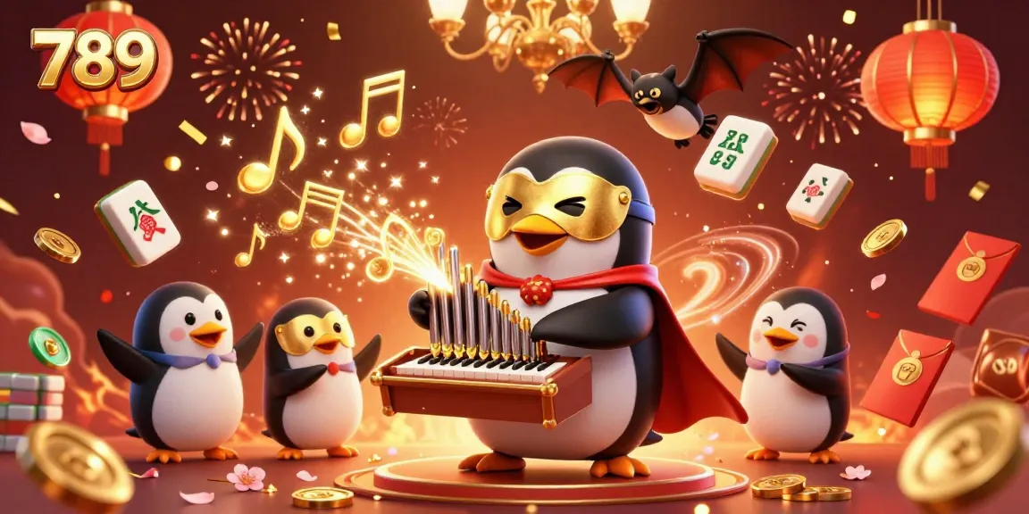 Engaging 789 gameplay scene with a penguin and acrobat amidst festive casino elements.