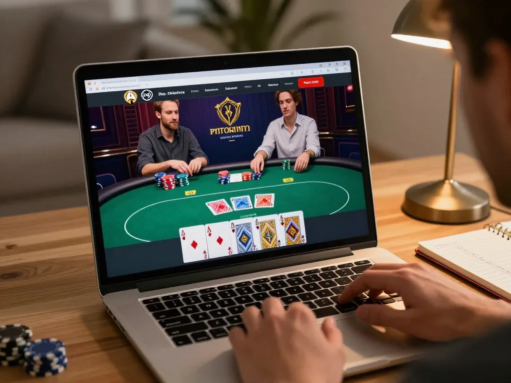 cm88 player engaging in online poker game with strategies and cozy home setting