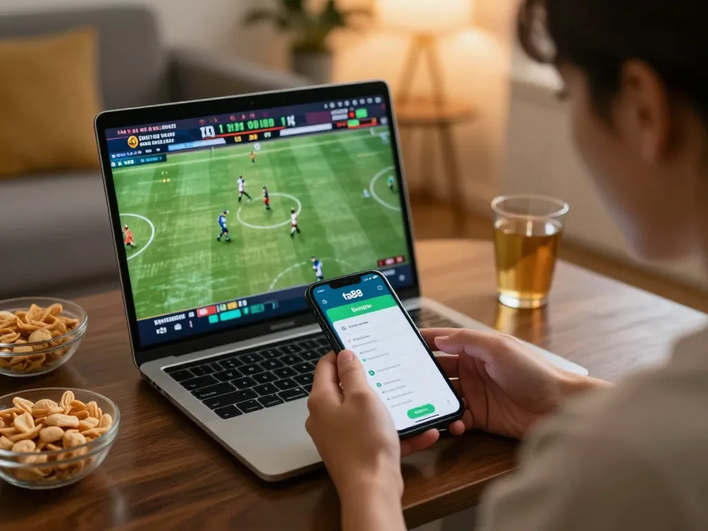 Engaged user placing bets on ta88 app while watching a live sports match in a cozy setting.