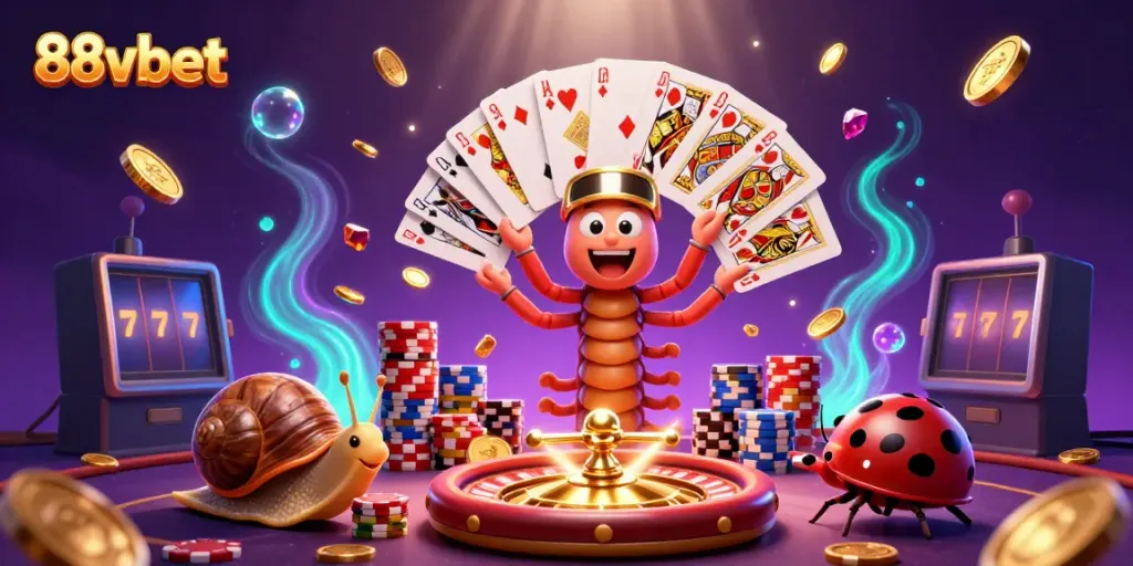 Experience the excitement of 88vbet with dynamic characters and casino elements in a colorful 3D scene.