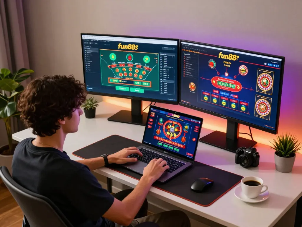 Engaging with fun88s online casino on a stylish laptop while enjoying strategic gameplay at home