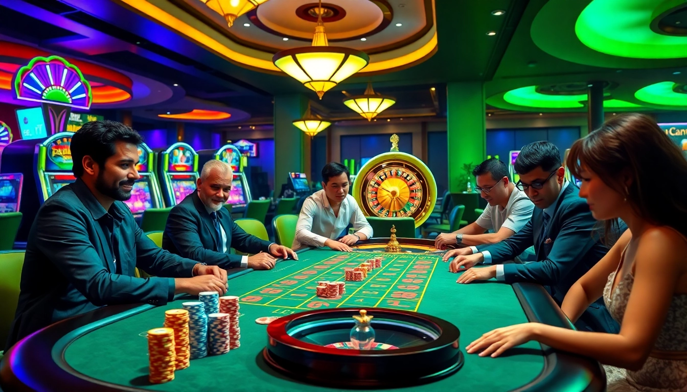Experience the excitement of https://sky88.tel/ with players at a vibrant casino table full of action.