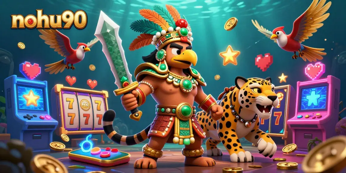 Experience exciting gaming adventures with nohu90, featuring vibrant 3D slot elements and ancient warrior characters.