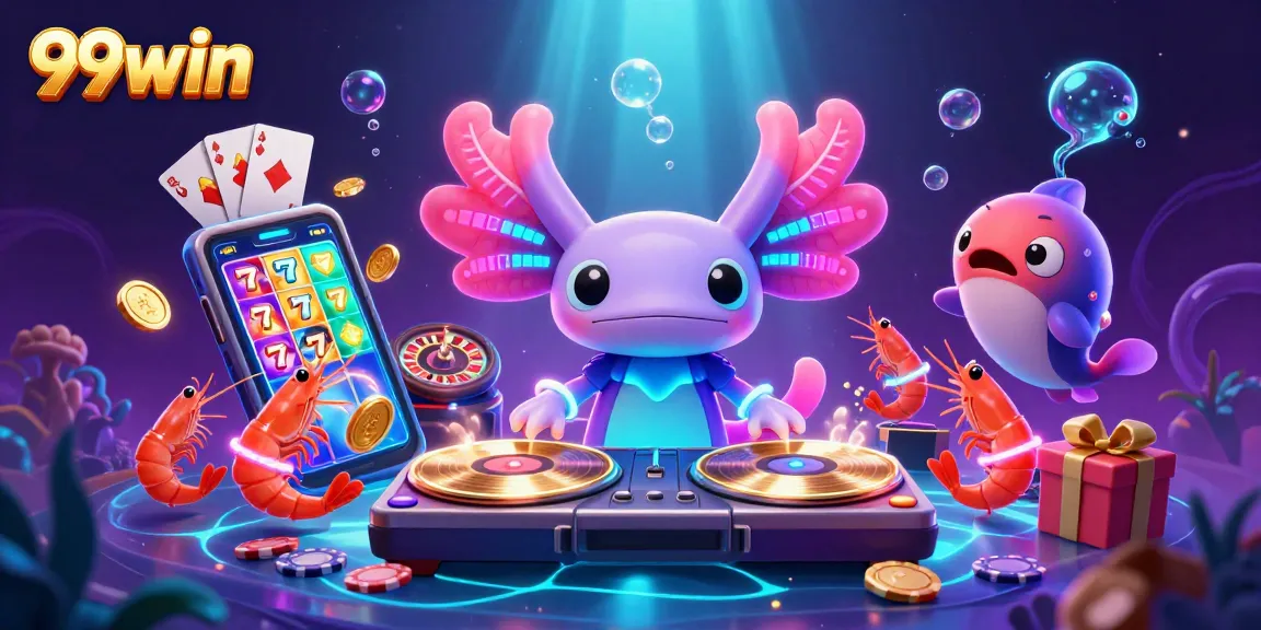 Experience vibrant casino entertainment with 99win featuring a neon-themed underwater DJ scene.