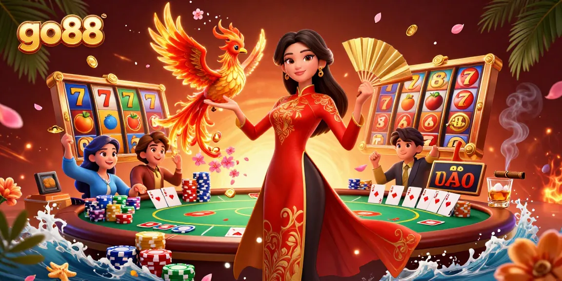 Engage in thrilling games at go88, featuring a vibrant casino scene with a beautiful woman and a phoenix.