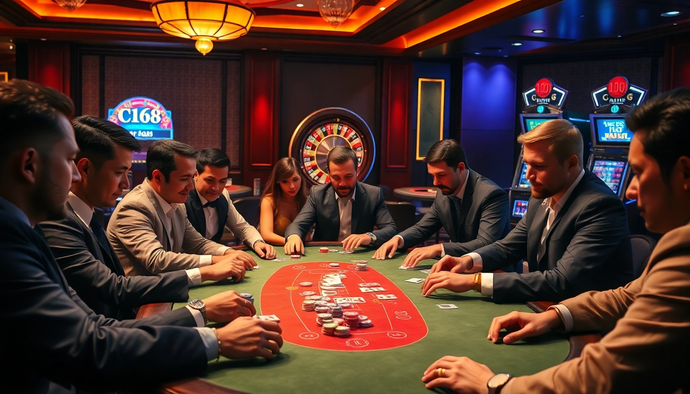 Experience high-stakes poker action at C168 casino, with engaging players and a luxury atmosphere.