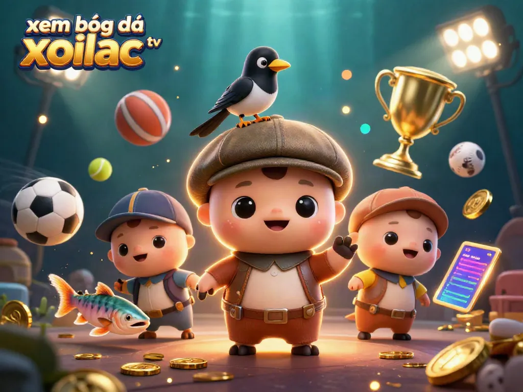 Xem bóng đá xoilac tv showcases dynamic sports-themed 3D illustration with charming characters.