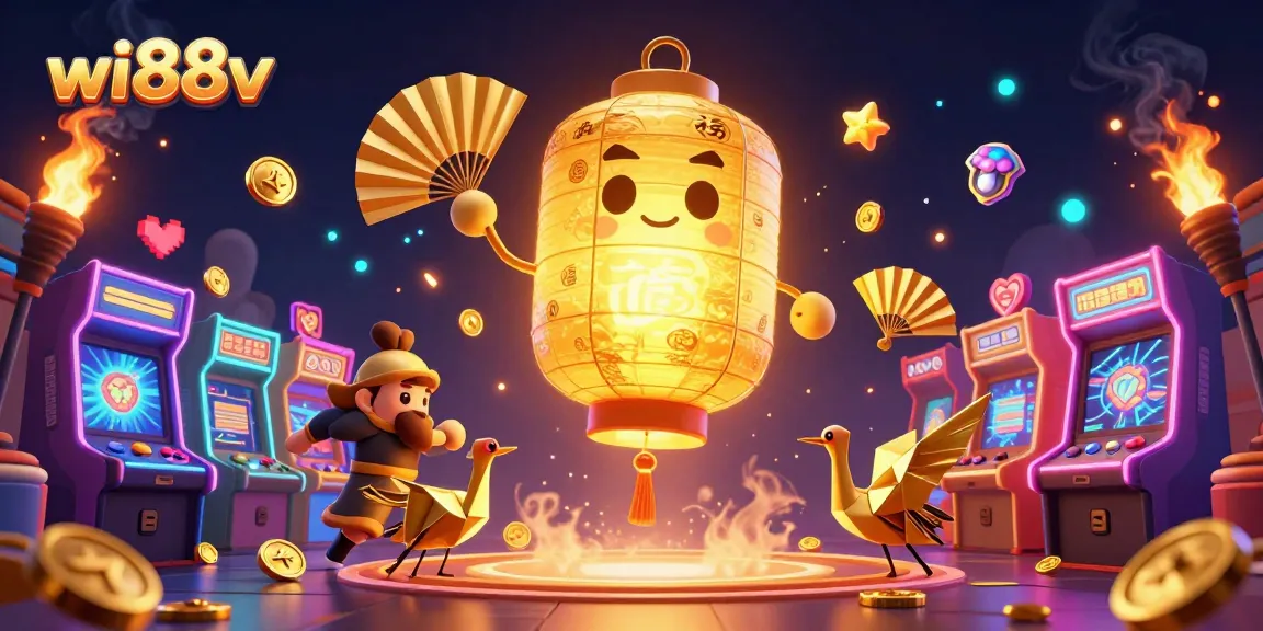Experience thrilling gameplay with wi88v's vibrant casino scene featuring golden spirits and arcade machines.
