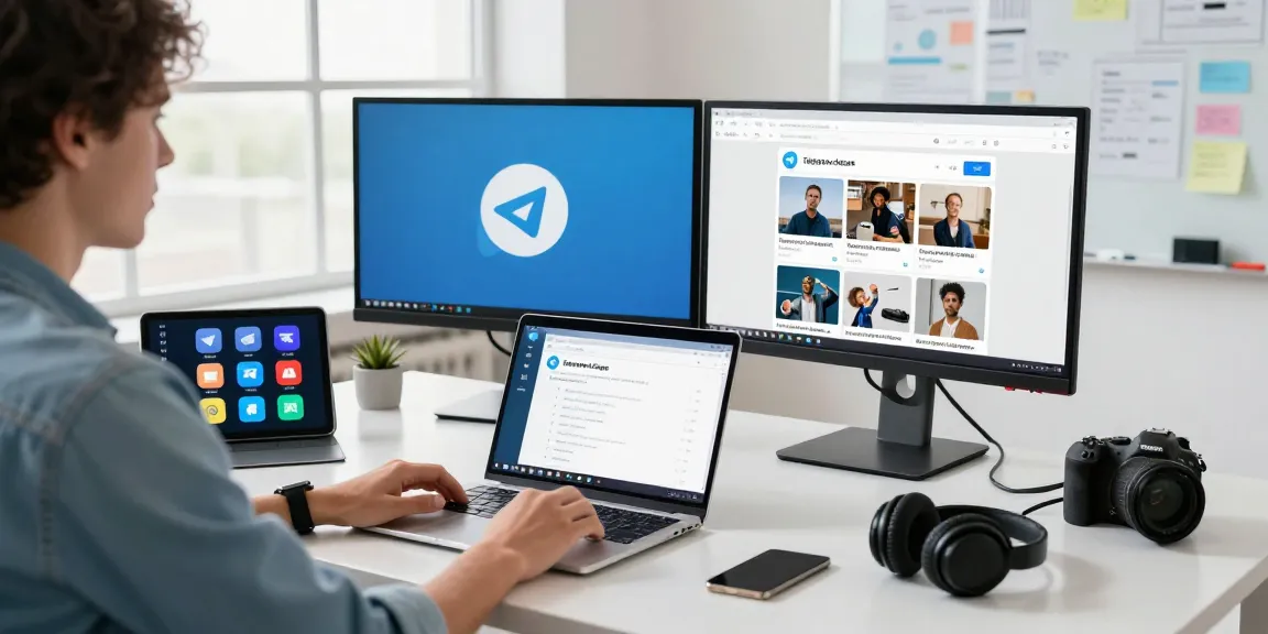 Download Telegram in a vibrant tech workspace with messaging tools and digital devices.