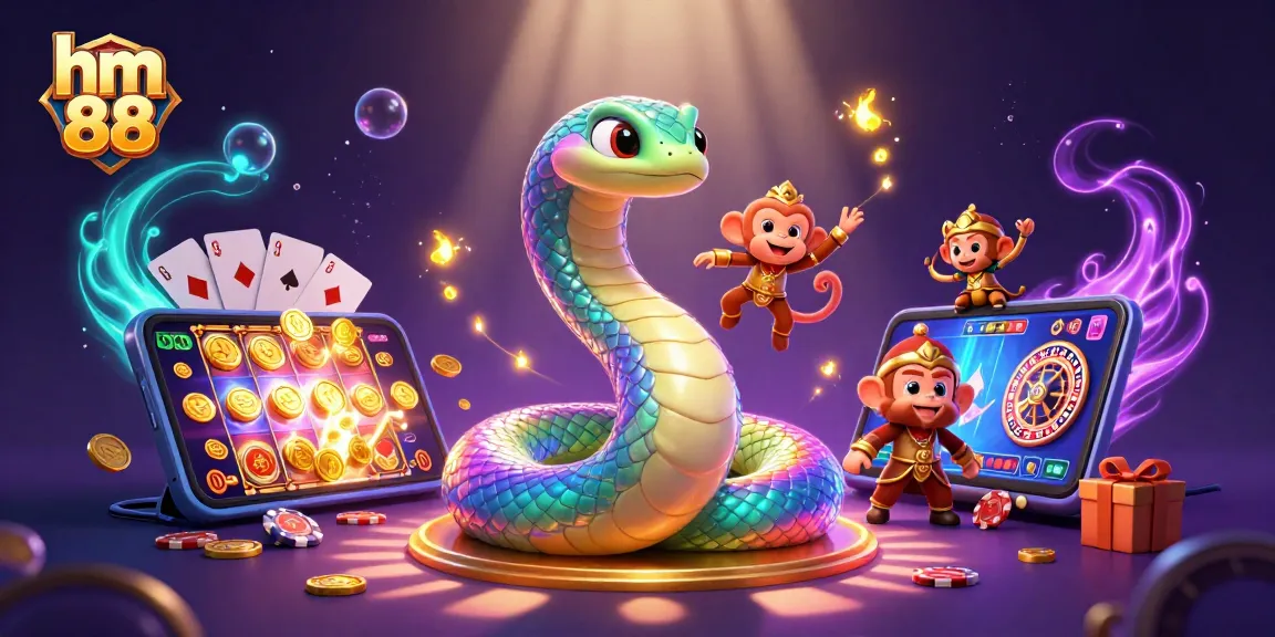Engage with the vibrant casino atmosphere of hm 88 featuring a dynamic rainbow serpent and playful monkey king.