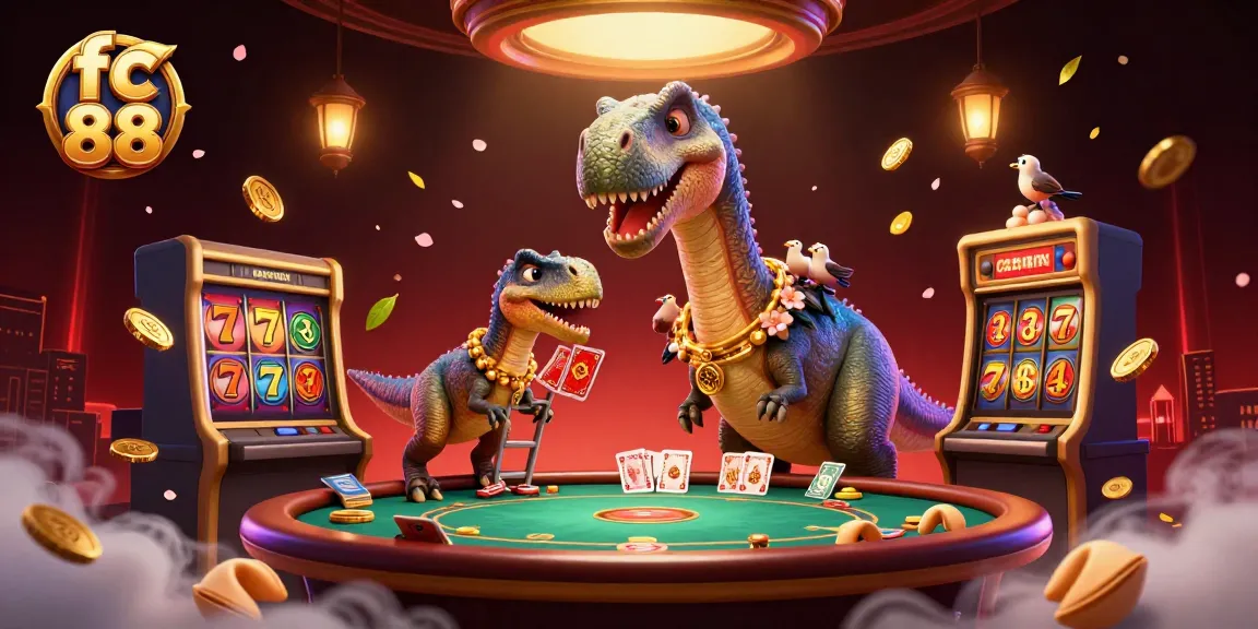 Experience the excitement of fc 88 as a giant brontosaurus oversees an interactive poker game, surrounded by vibrant casino elements.