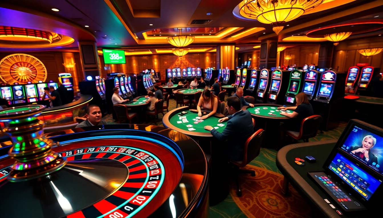 Exciting gaming atmosphere at nhà cái rr88, featuring players at poker and roulette tables in a luxurious casino.