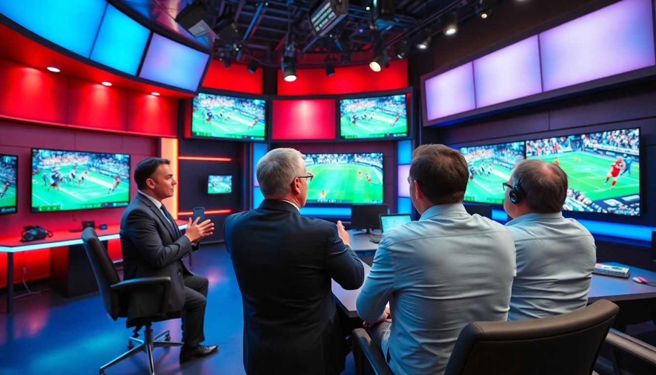 Interactive sports broadcasting studio with analysts sharing insights and live feeds.