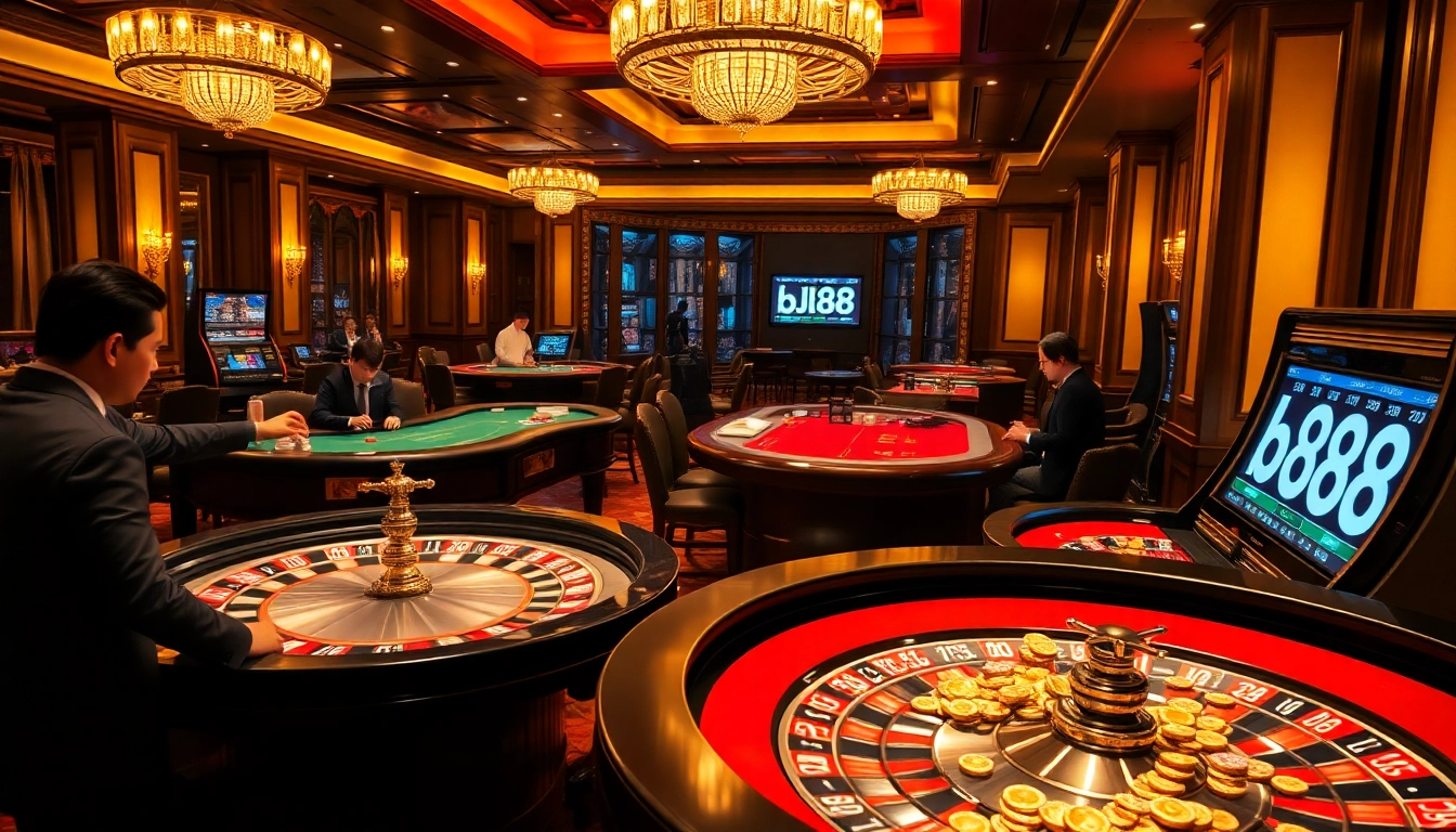 Engaging scene of bj88 casino gaming with professional dealers and vibrant tables.
