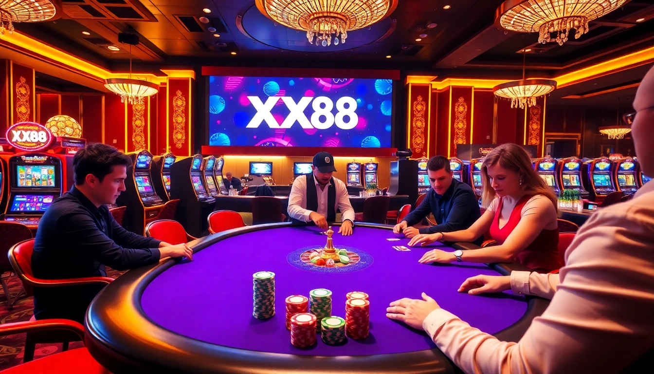 Players enjoying a thrilling poker game at XX88 casino with vibrant chips and cards.