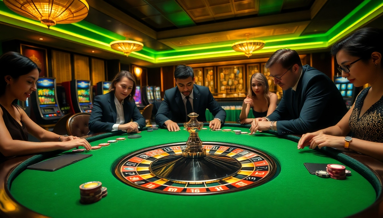 Players enjoying the excitement of U888 com with vibrant casino tables and roulette wheels.