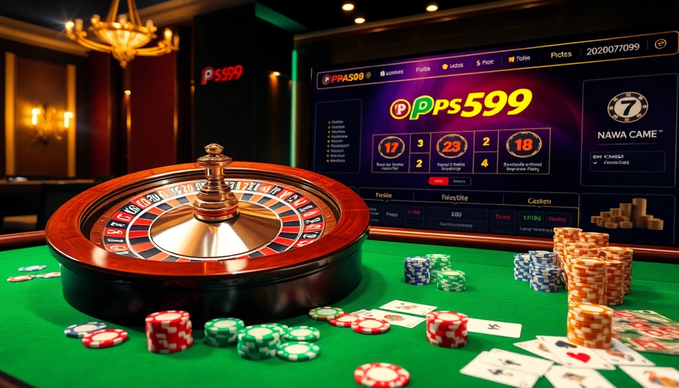 Experience the thrill of Nhà cái PS99 with vibrant casino tables, poker chips, and a spinning roulette wheel.