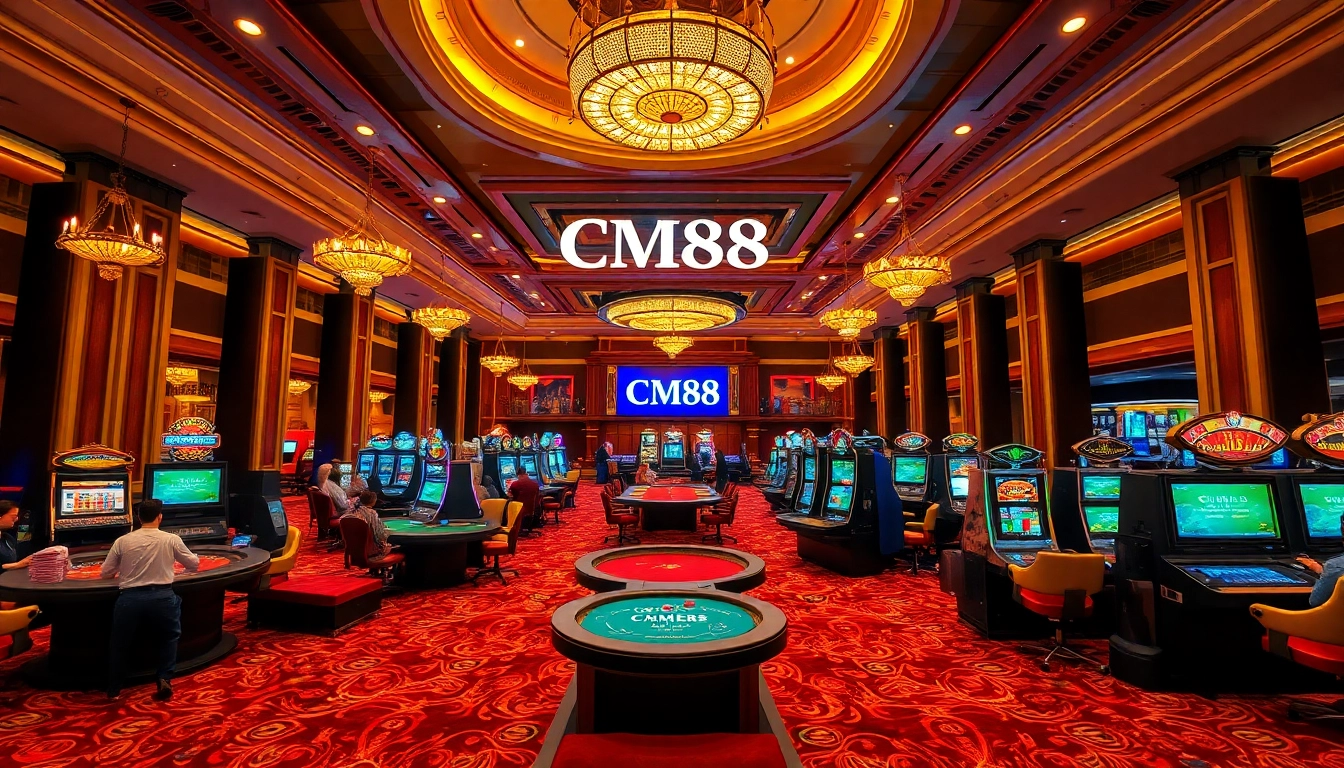 Engage with CM88 at a luxurious casino, featuring casino tables, vibrant lights, and players enjoying games.