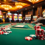Players strategizing at a poker table with DA88 chips in an upscale casino setting.