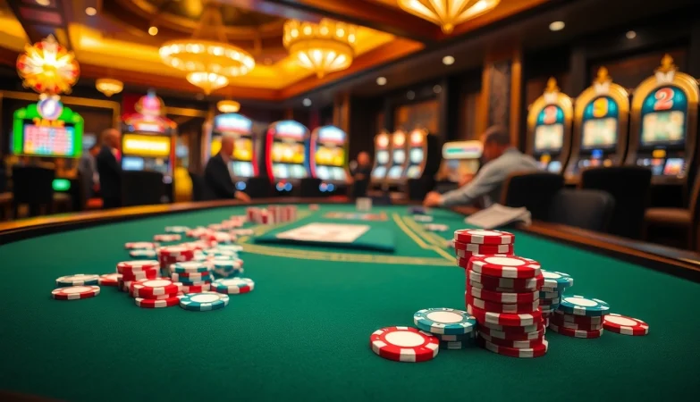 Players strategizing at a poker table with DA88 chips in an upscale casino setting.