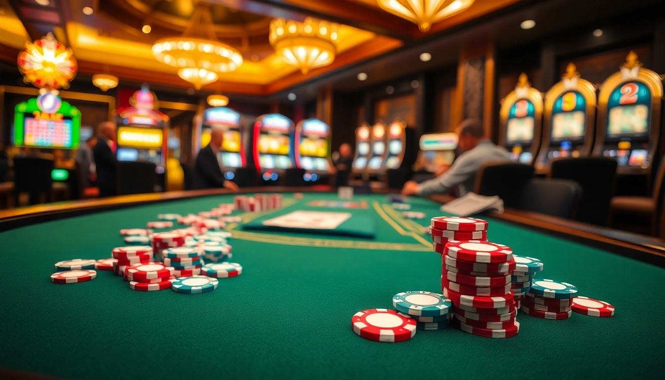 Players strategizing at a poker table with DA88 chips in an upscale casino setting.