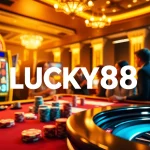 Players winning big on the LUCKY88 slot machine at a vibrant casino.