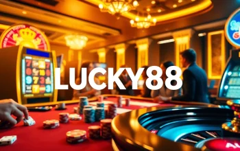 Players winning big on the LUCKY88 slot machine at a vibrant casino.