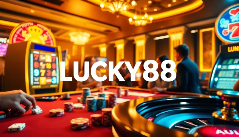 Players winning big on the LUCKY88 slot machine at a vibrant casino.