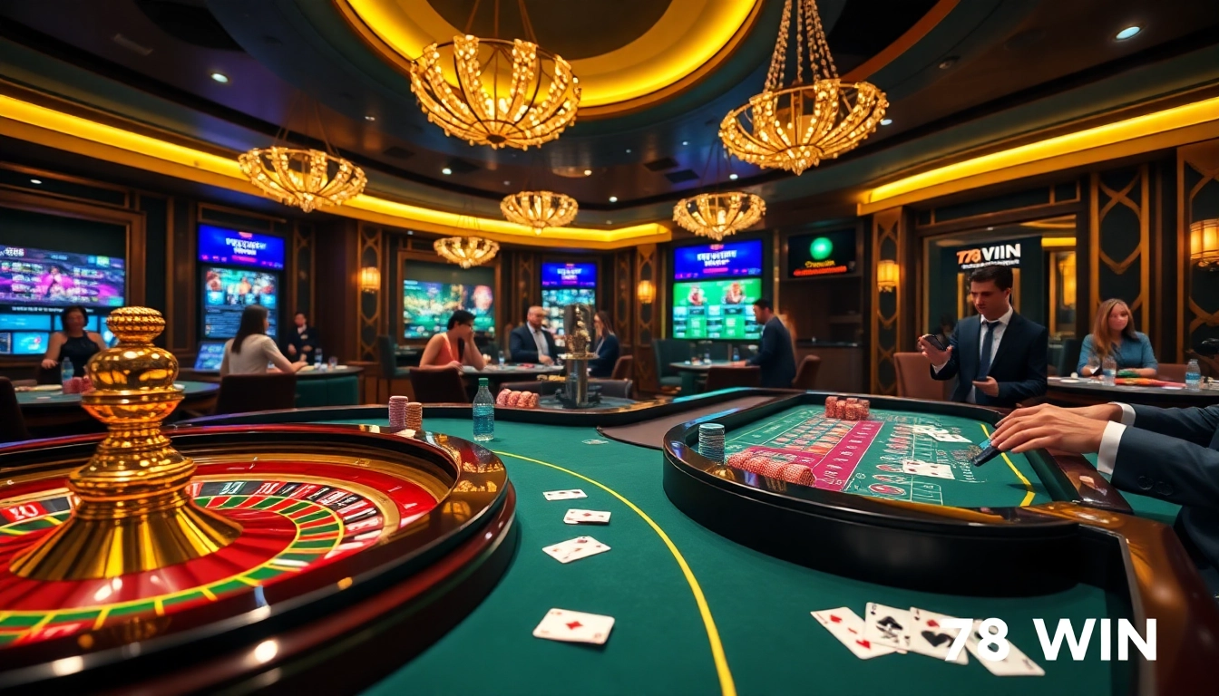 Players enjoying poker and roulette experience while showcasing 78 Win's vibrant luxury at the casino.
