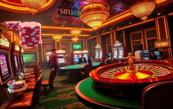 SIN88 online casino scene displaying vibrant poker chips and a lively roulette table.